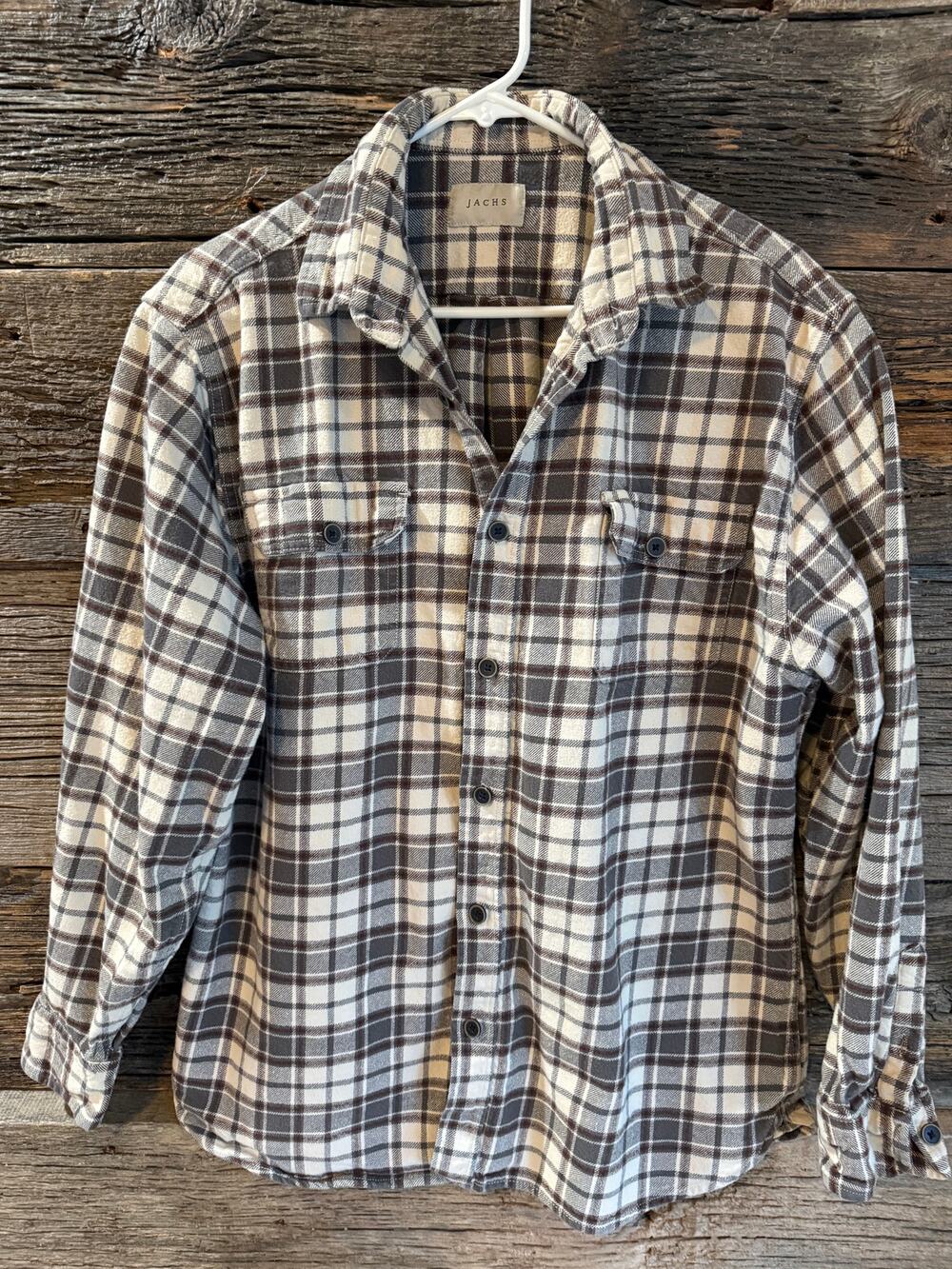 JACHS Men's Heavy plaid Flanel Shirt Brown Gray Cream 100% Cotton Button Up L
